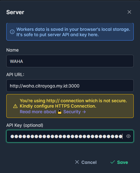 Form edit api key WAHA.