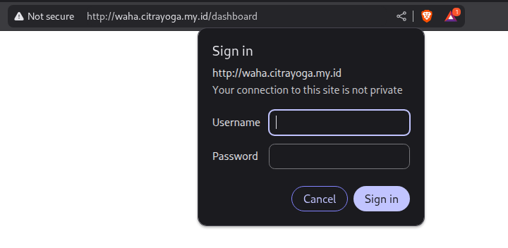 Pop up login ke dashboard WAHA.