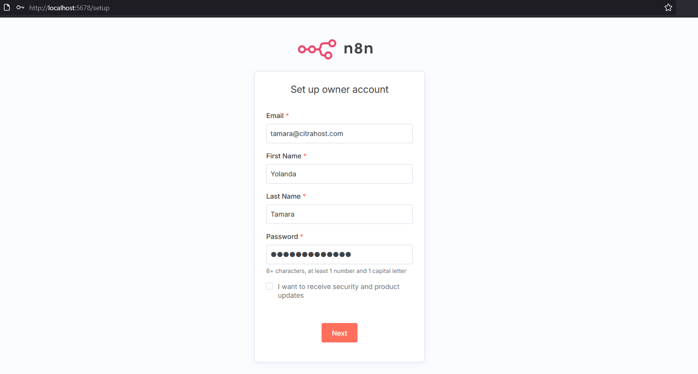 Halaman registrasi n8n.